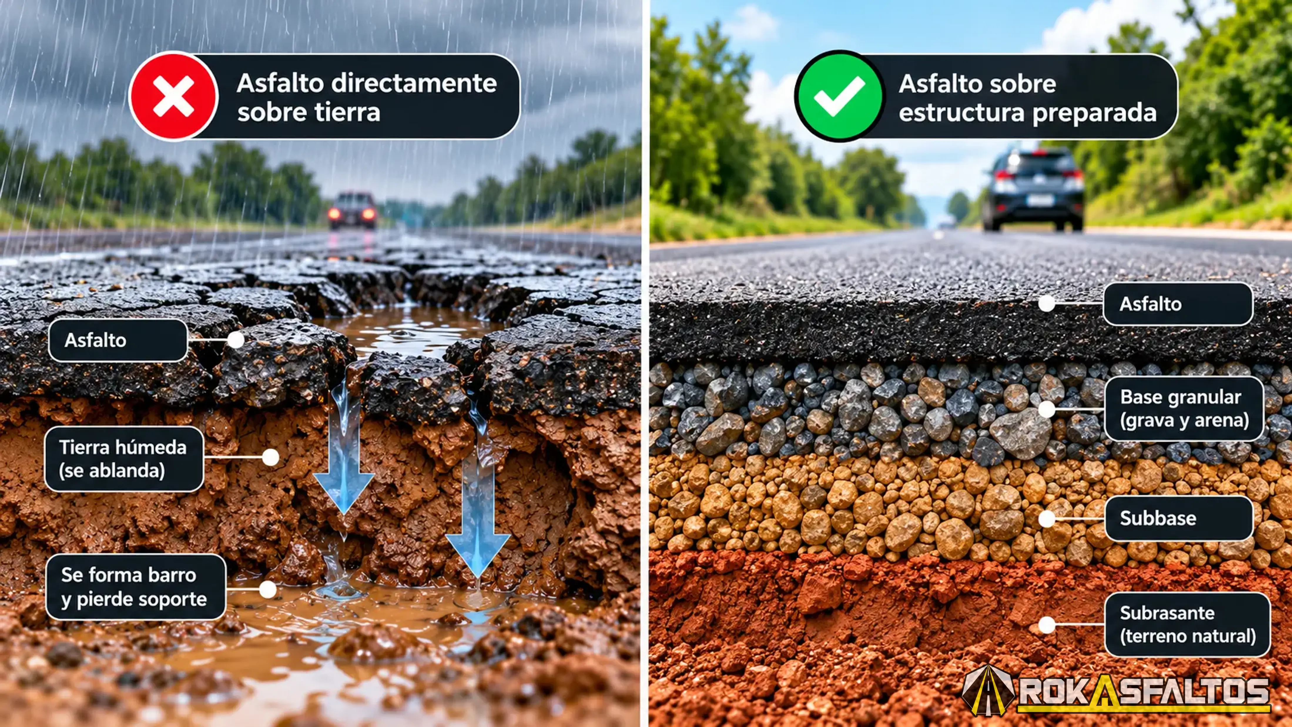 Comparación entre asfalto sobre tierra húmeda sin base y pavimento sobre estructura granular preparada.