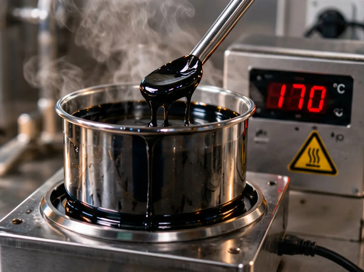 Cemento asfáltico caliente en recipiente de laboratorio con indicador de temperatura de 170 grados Celsius