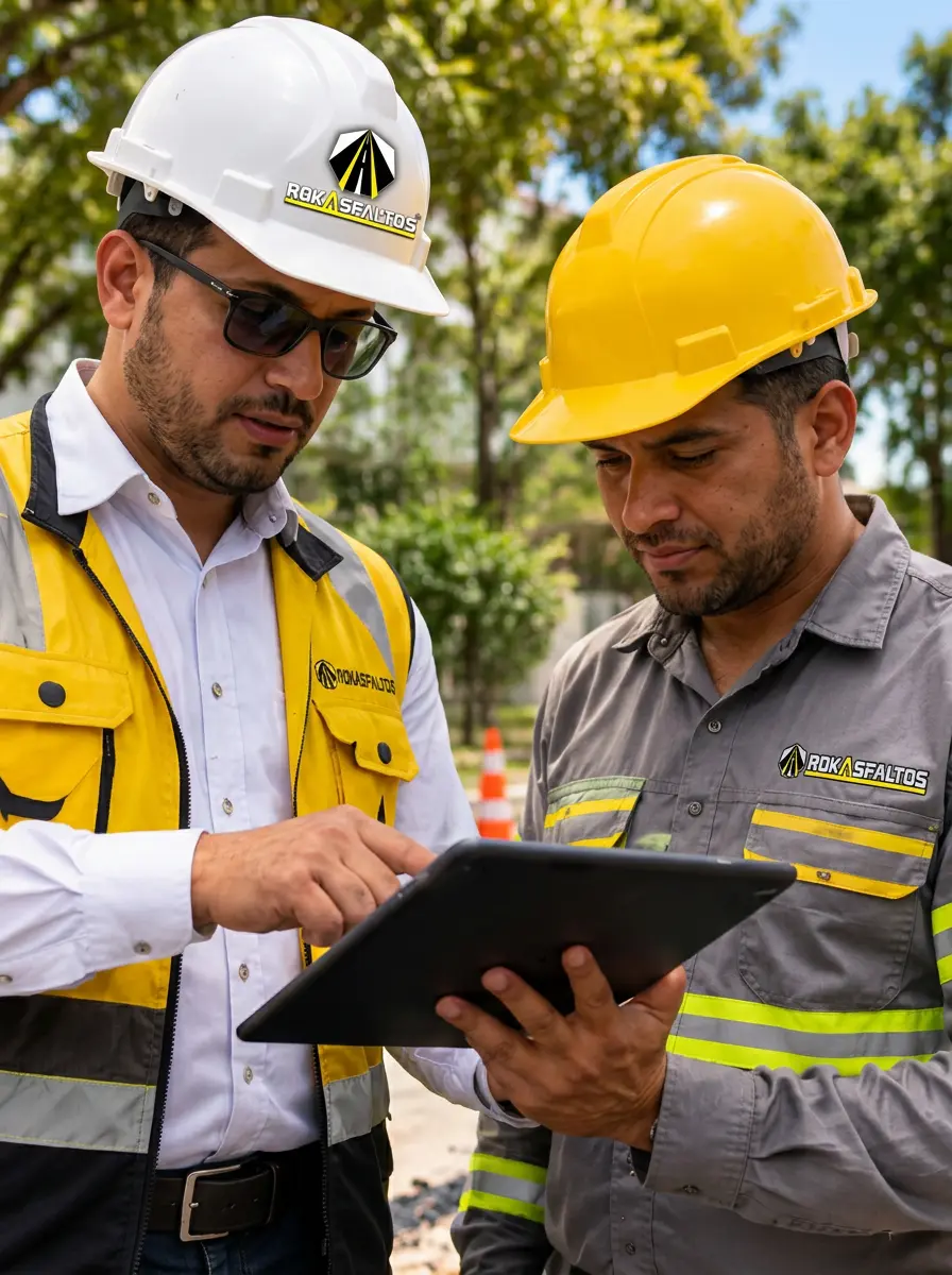 Acompañamiento técnico de ROKASFALTOS con personal especializado revisando un proyecto de pavimentación.