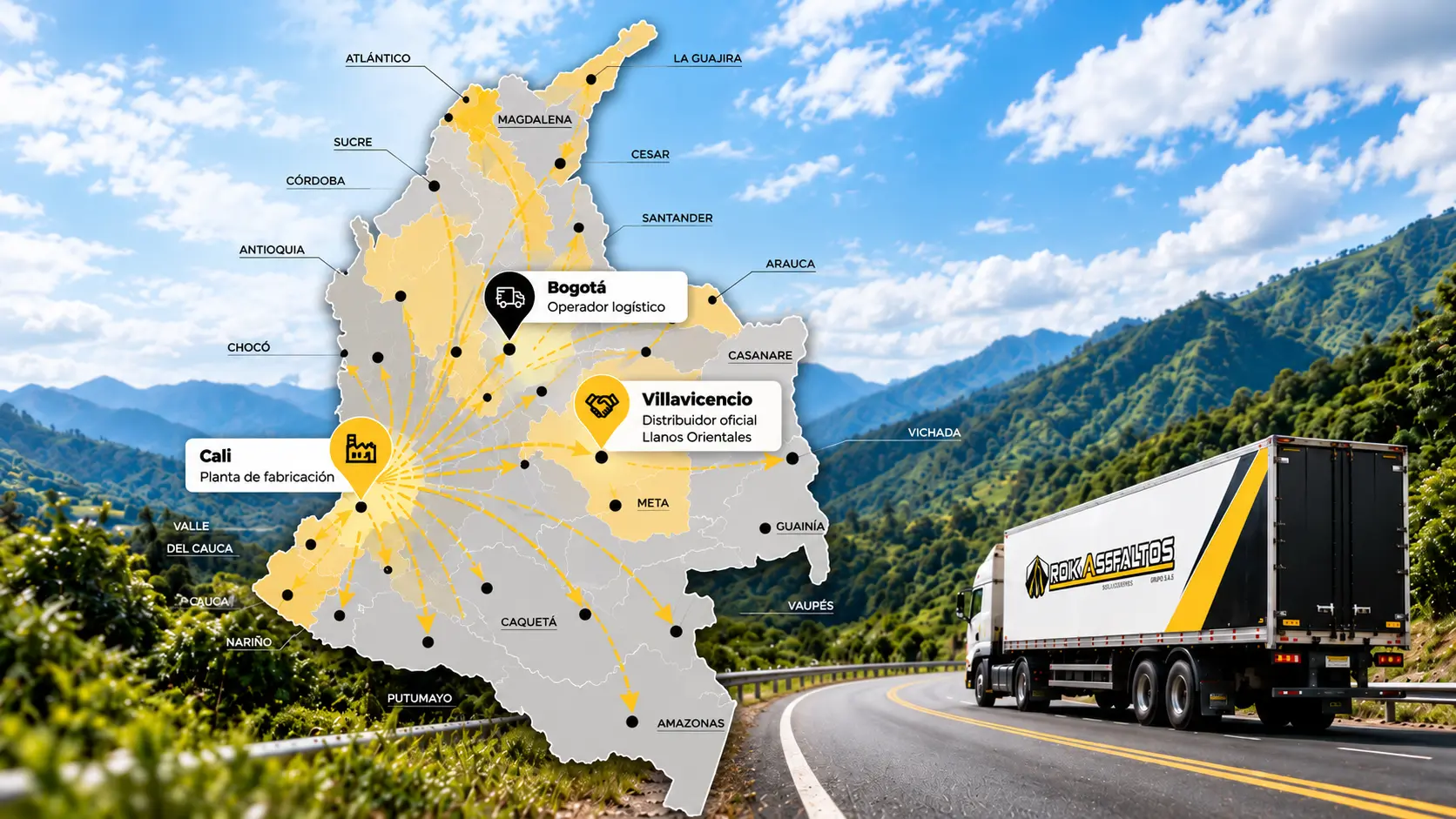 Mapa de cobertura nacional ROKASFALTOS con rutas desde Cali, Bogotá y Villavicencio