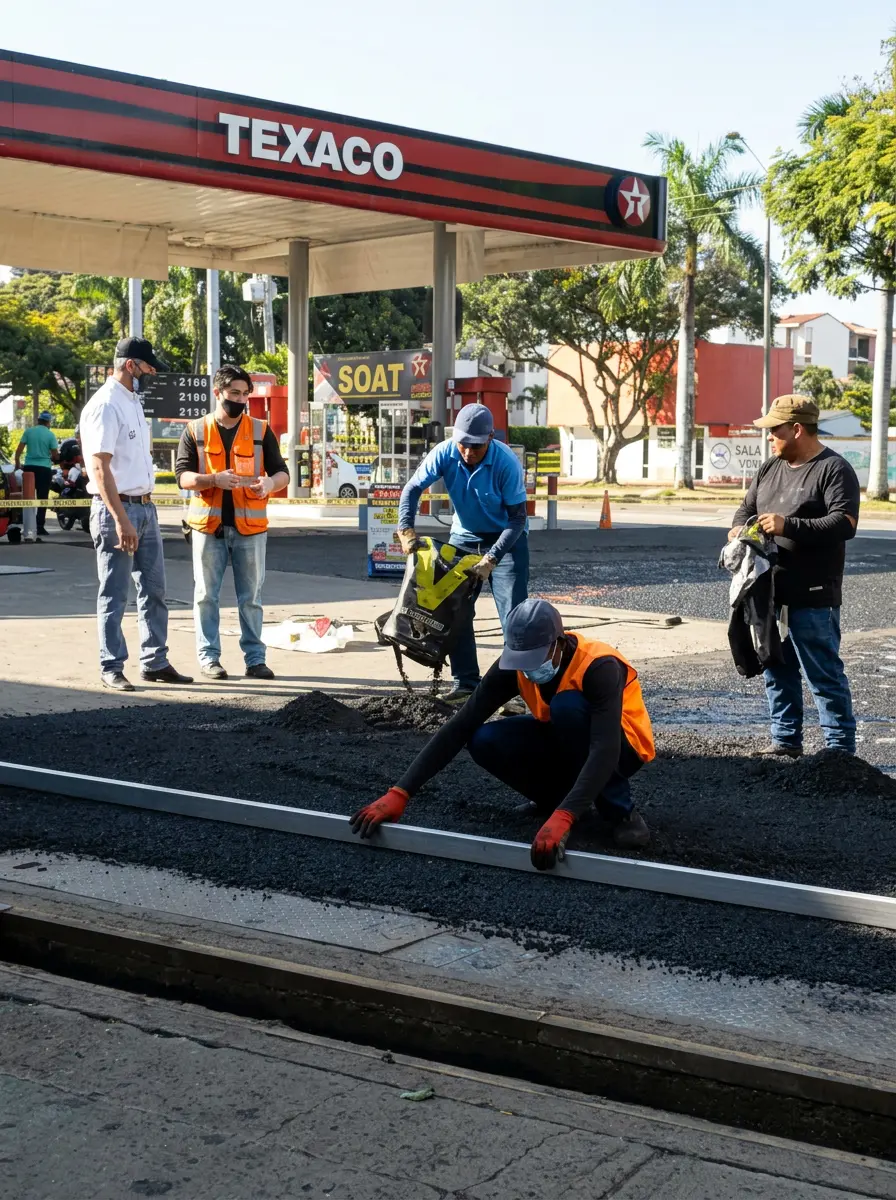 Obra real de reparación de pavimentos en estación Texaco ejecutada con soluciones ROKASFALTOS.