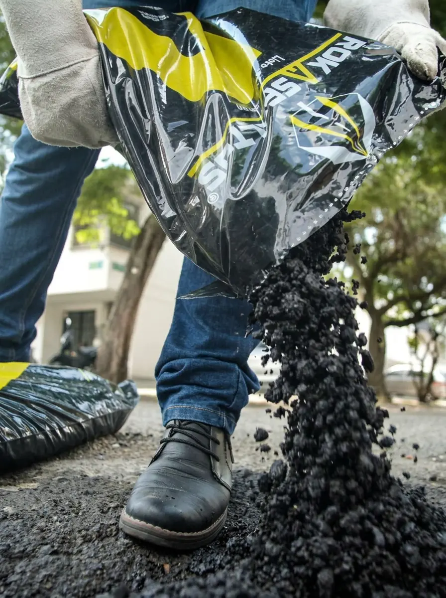 Aplicación de mezcla asfáltica en frío ROKASFALTOS, tecnología colombiana para reparación de pavimentos.