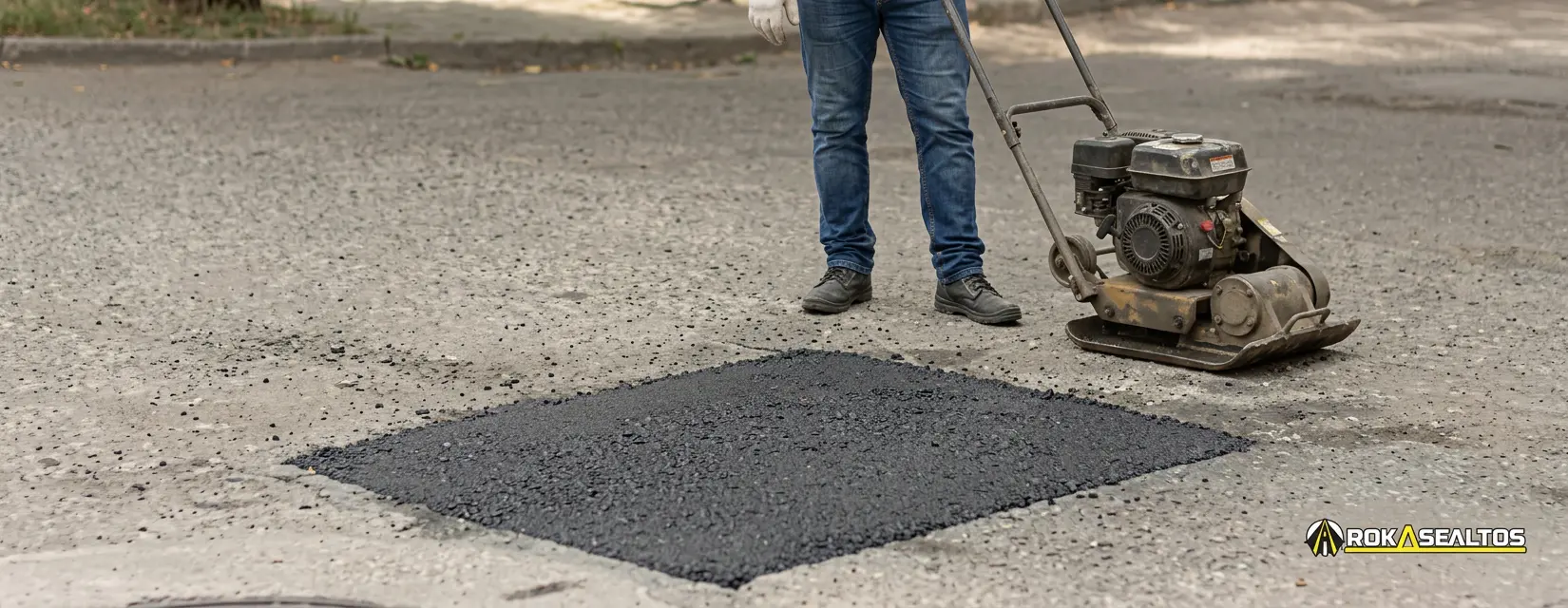 Compactación de mezcla asfáltica en frío ROKASFALTOS durante la reparación de un bache con placa vibratoria