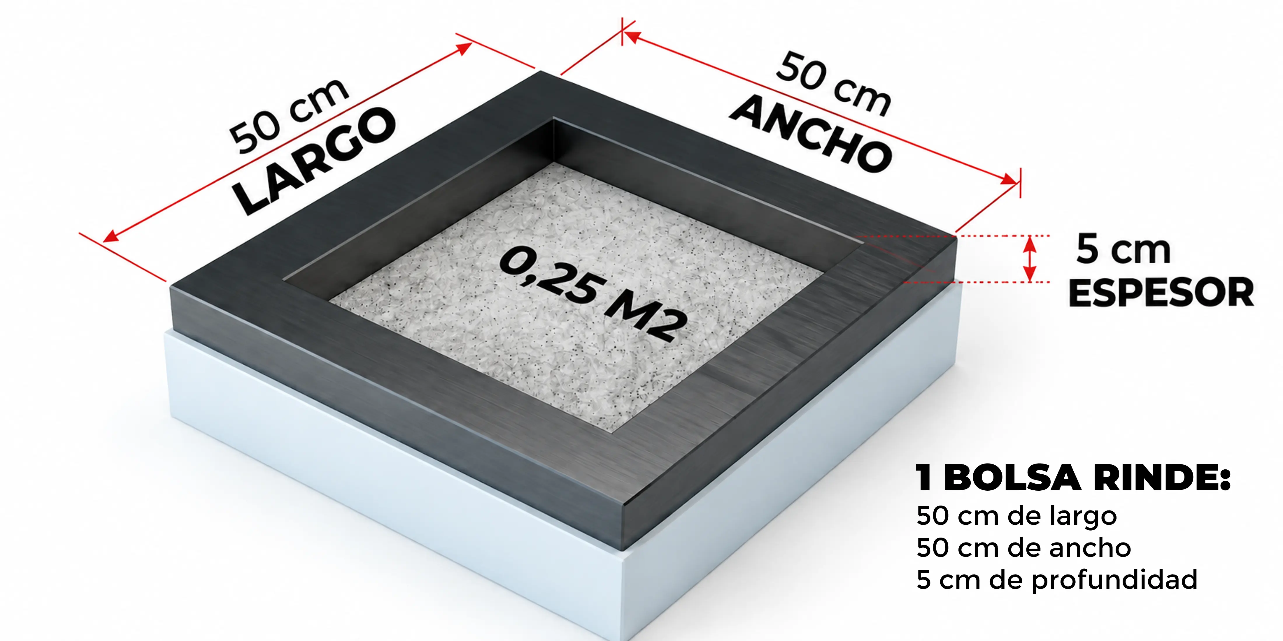 Rendimiento aproximado de una bolsa: 50 por 50 cm a 5 cm de espesor, equivalente a 0,25 metros cuadrados