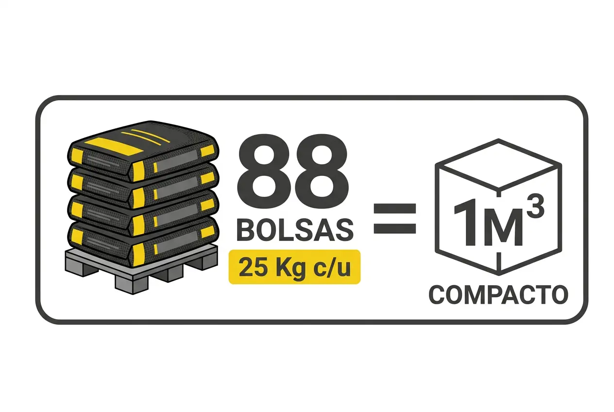 88 bolsas de 25 kg equivalen aproximadamente a 1 metro cúbico compacto