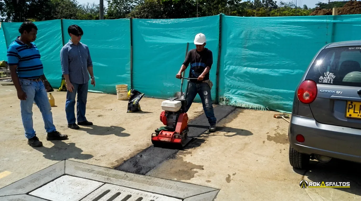 Compactación de la mezcla en una zanja con compactador de placa