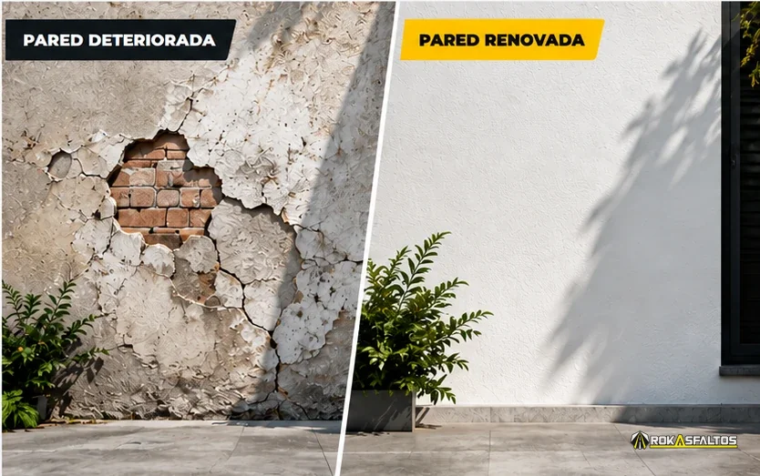 Pared deteriorada y pared renovada
